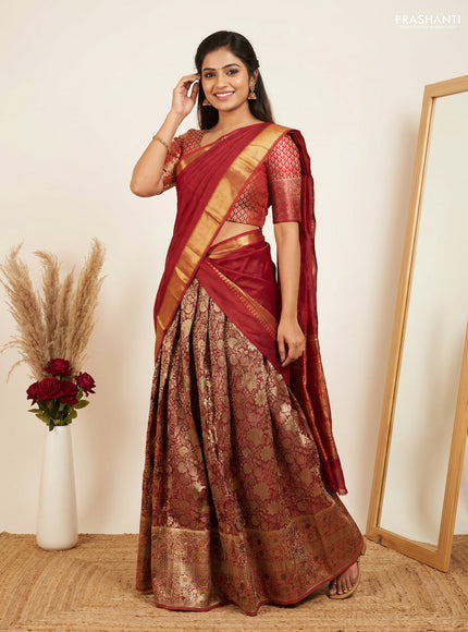 Pure kanchipuram tissue silk lehenga dhawani maroon with allover zari woven brocade floral weaves and long rich zari woven border