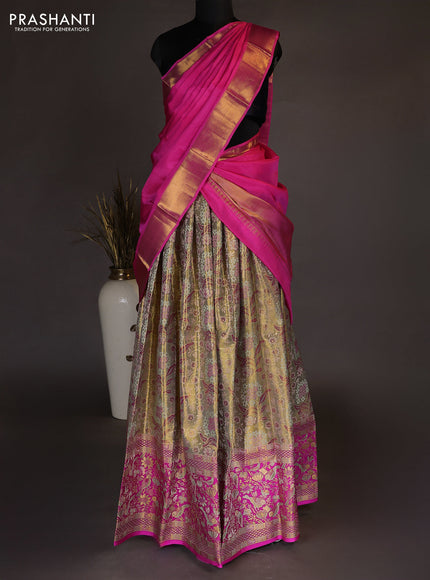 Pure kanchipuram tissue silk lehenga dhawani gold and pink with allover zari woven brocade weaves and long rich zari woven border