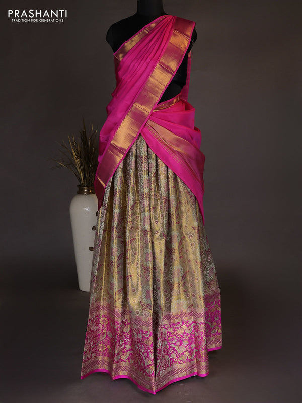 Pure kanchipuram tissue silk lehenga dhawani gold and pink with allover zari woven brocade weaves and long rich zari woven border