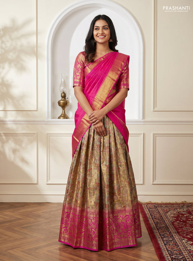 Pure kanchipuram tissue silk lehenga dhawani gold and pink with allover zari woven brocade weaves and long rich zari woven border