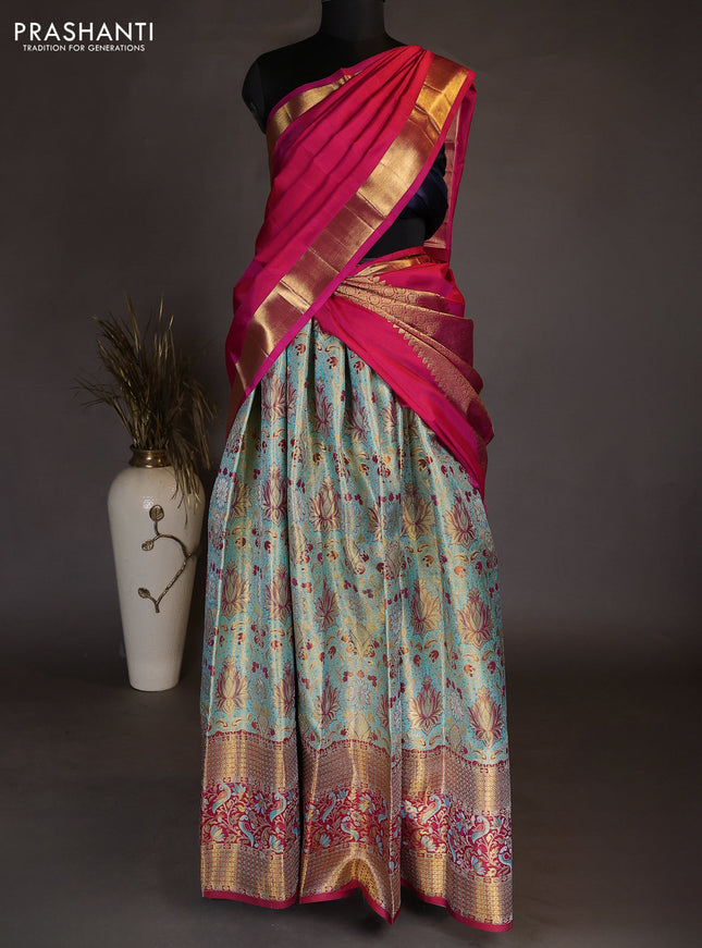 Pure kanchipuram tissue silk lehenga dhawani light blue and red with allover zari woven brocade floral weaves and long rich zari woven border