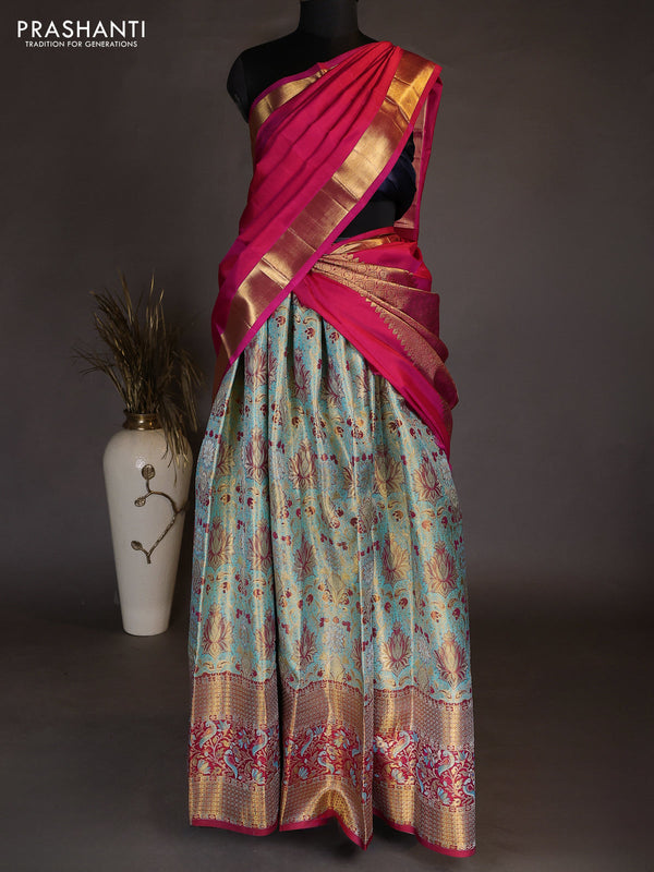 Pure kanchipuram tissue silk lehenga dhawani light blue and red with allover zari woven brocade floral weaves and long rich zari woven border