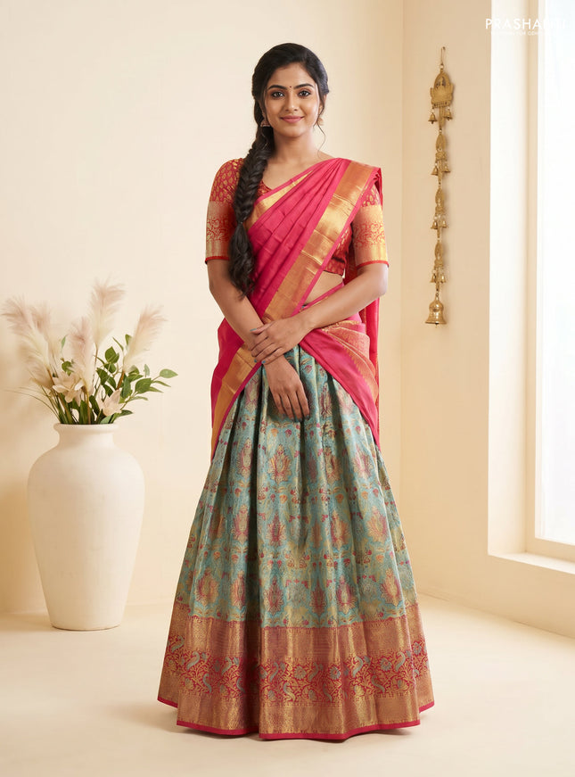 Pure kanchipuram tissue silk lehenga dhawani light blue and red with allover zari woven brocade floral weaves and long rich zari woven border