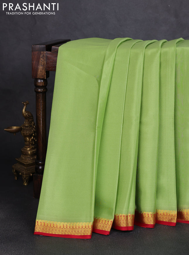Pure mysore silk saree pista green and red with plain body and paisley zari woven border
