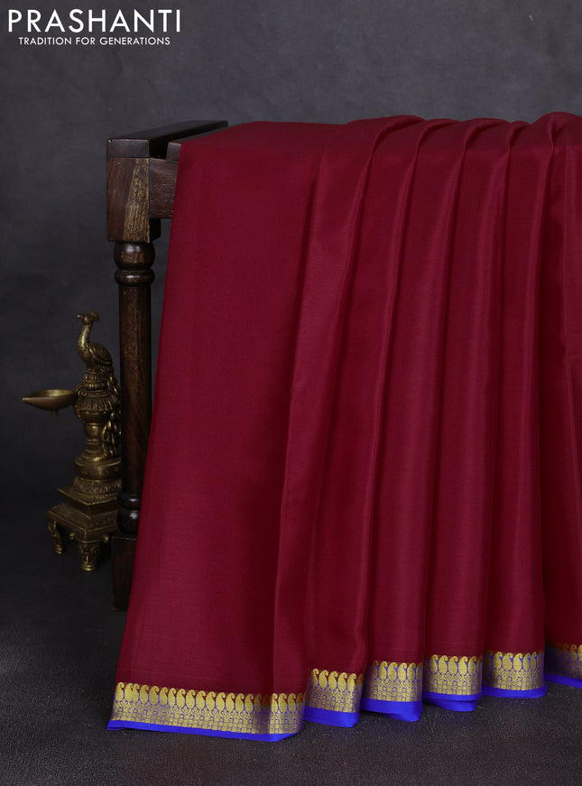 Pure mysore silk saree red and royal blue with plain body and paisley zari woven border