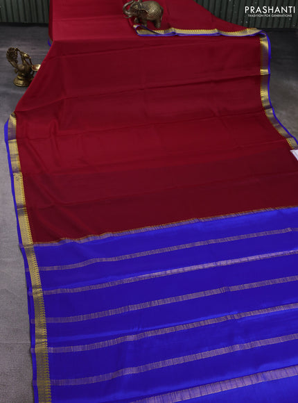 Pure mysore silk saree red and royal blue with plain body and paisley zari woven border