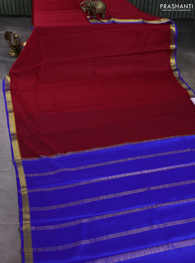 Pure mysore silk saree red and royal blue with plain body and paisley zari woven border