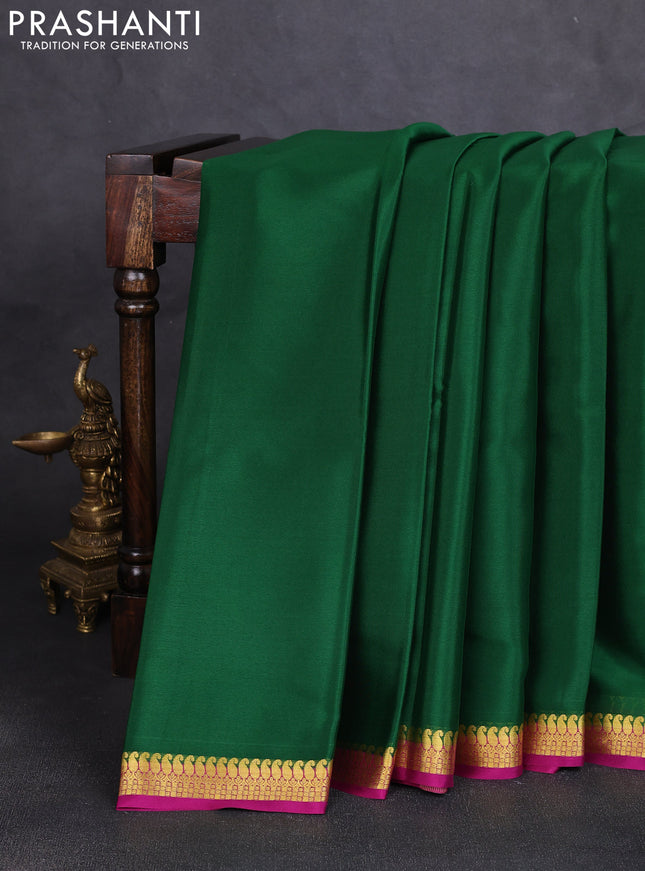 Pure mysore silk saree bottle green and dark pink with plain body and paisley zari woven border