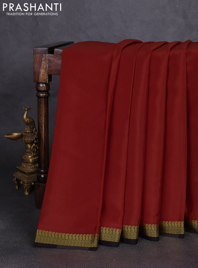 Pure mysore silk saree rust shade and coffee brown with plain body and paisley zari woven border