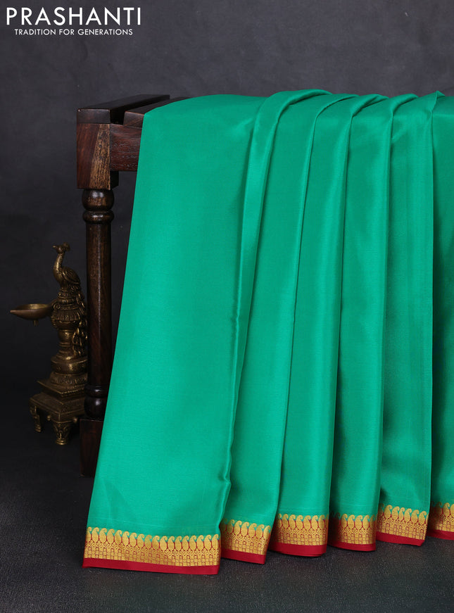 Pure mysore silk saree teal green and maroon with plain body and paisley zari woven border