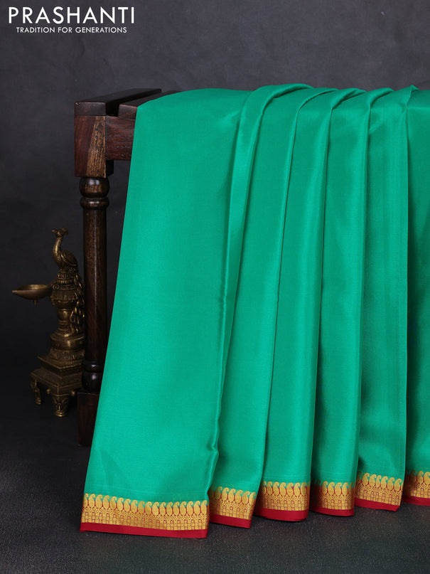 Pure mysore silk saree teal green and maroon with plain body and paisley zari woven border
