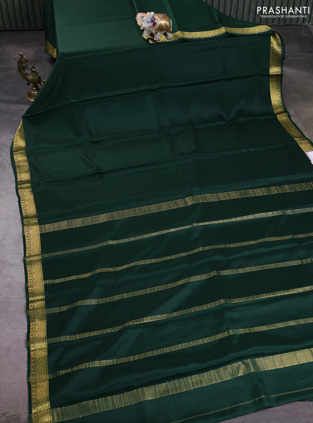 Pure mysore silk saree bottle green with plain body and zari woven border