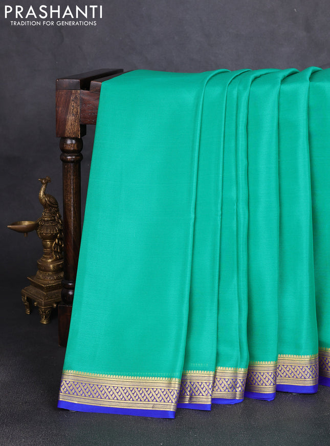 Pure mysore silk saree teal green with plain body and zari woven border