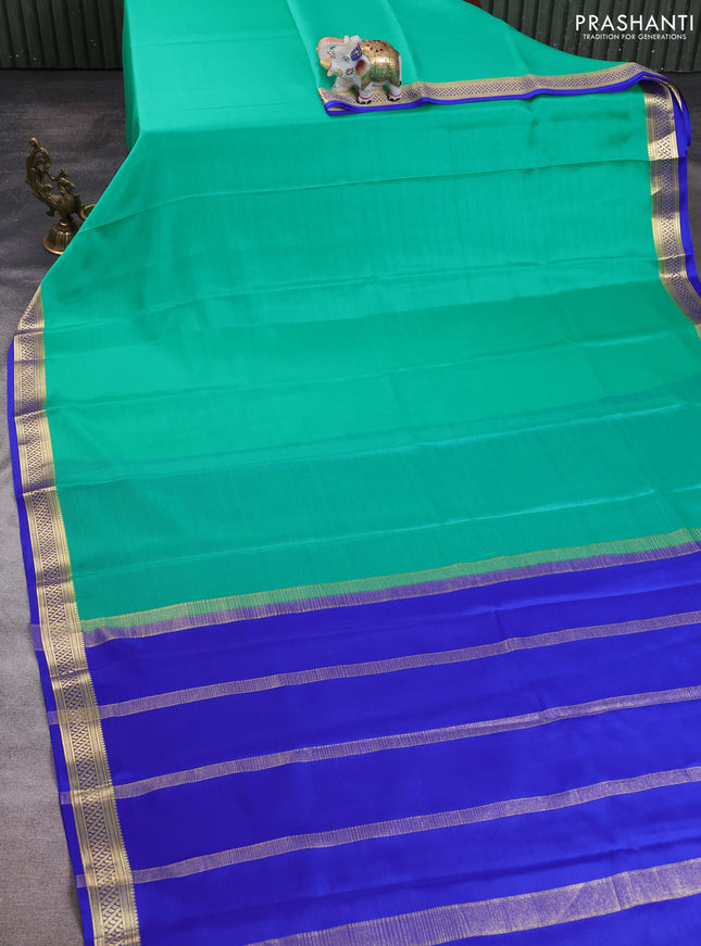 Pure mysore silk saree teal green with plain body and zari woven border