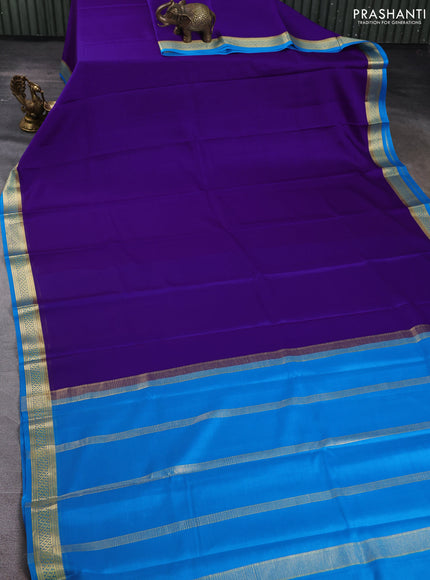 Pure mysore silk saree deep violet and cs blue wih plain body and zari woven border