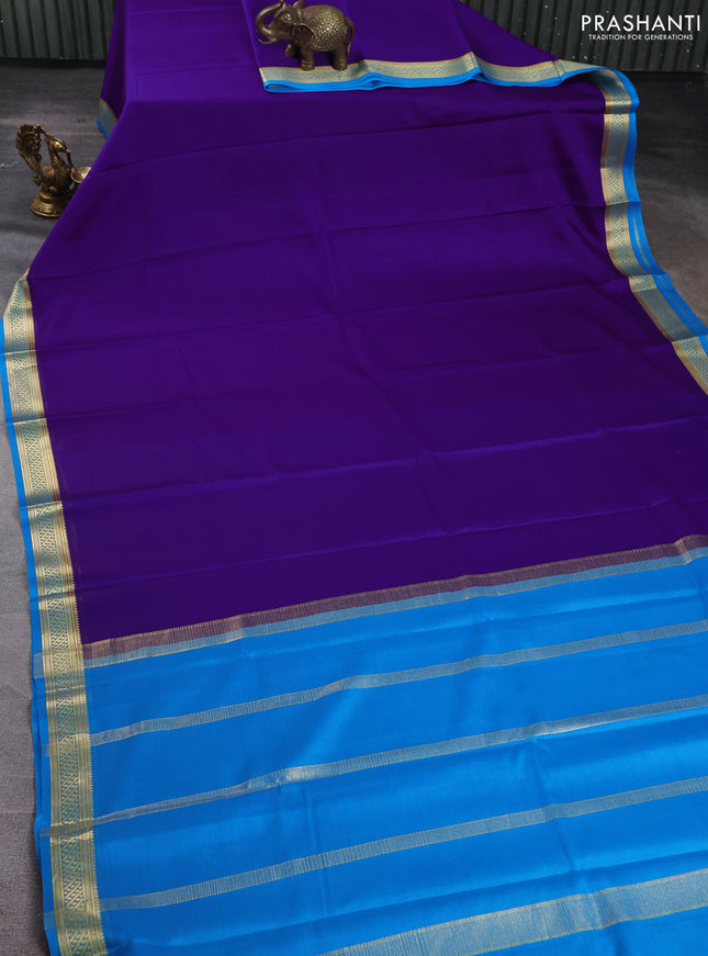 Pure mysore silk saree deep violet and cs blue wih plain body and zari woven border