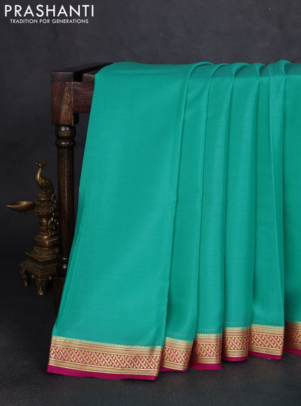 Pure mysore silk saree teal blue and dark pink with plain body and zari woven border