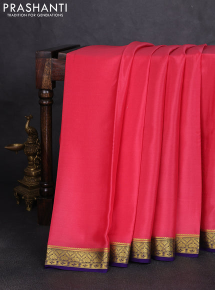 Pure mysore silk saree peach pink and navy blue with plain body and zari woven border