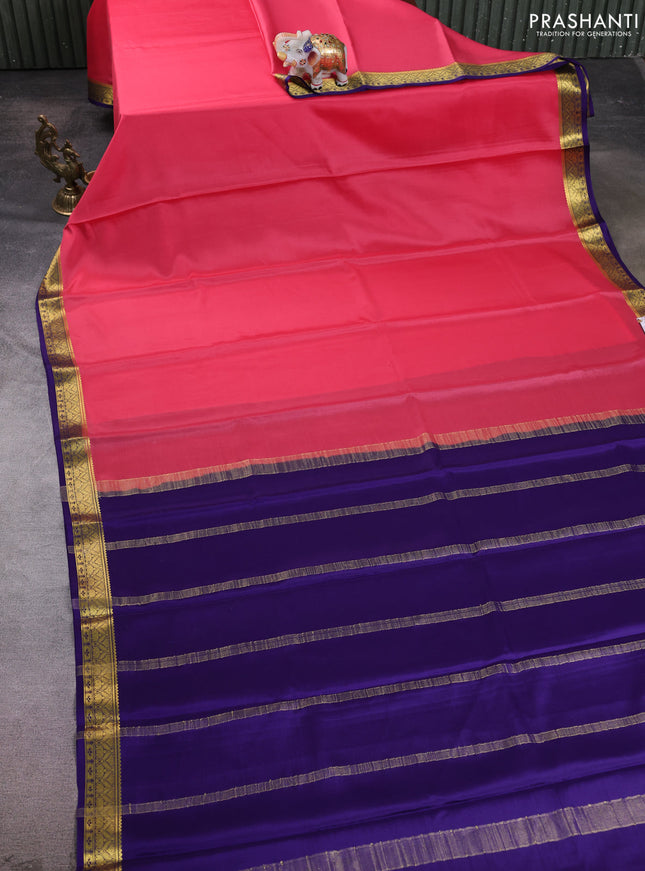 Pure mysore silk saree peach pink and navy blue with plain body and zari woven border