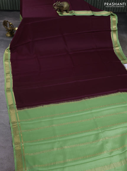 Pure mysore silk saree deep wine shade and pista green with plain body and zari woven border