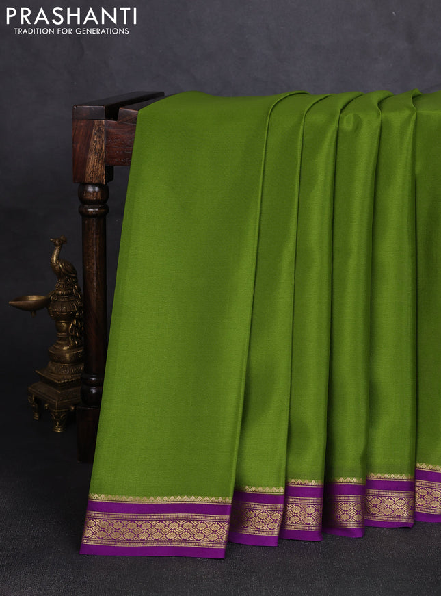 Pure mysore silk saree light green and purple with plain body and zari woven border