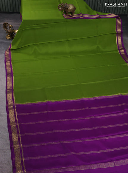 Pure mysore silk saree light green and purple with plain body and zari woven border
