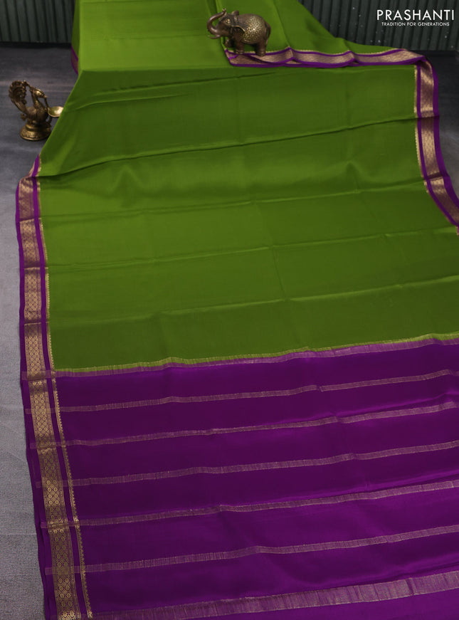 Pure mysore silk saree light green and purple with plain body and zari woven border