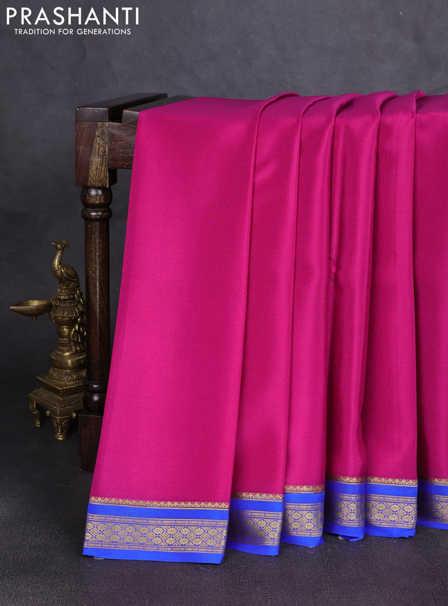 Pure mysore silk saree dark pink and royal blue with plain body and zari woven border