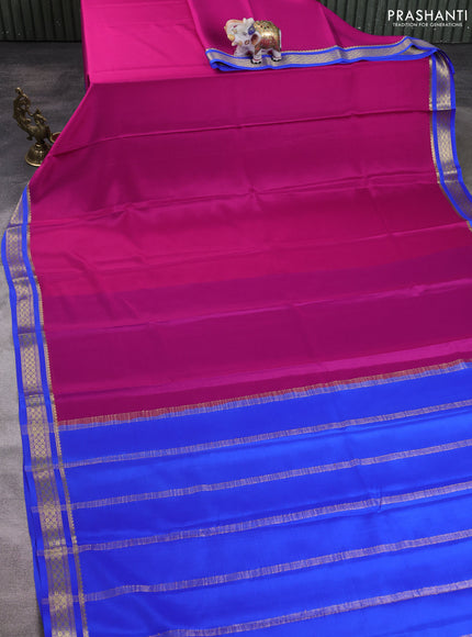 Pure mysore silk saree dark pink and royal blue with plain body and zari woven border