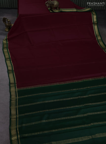 Pure mysore silk saree deep wine shade and bottle green with plain body and zari woven border
