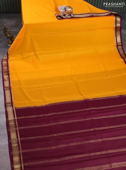 Pure mysore silk saree yellow and deep wine with plain body and zari woven border
