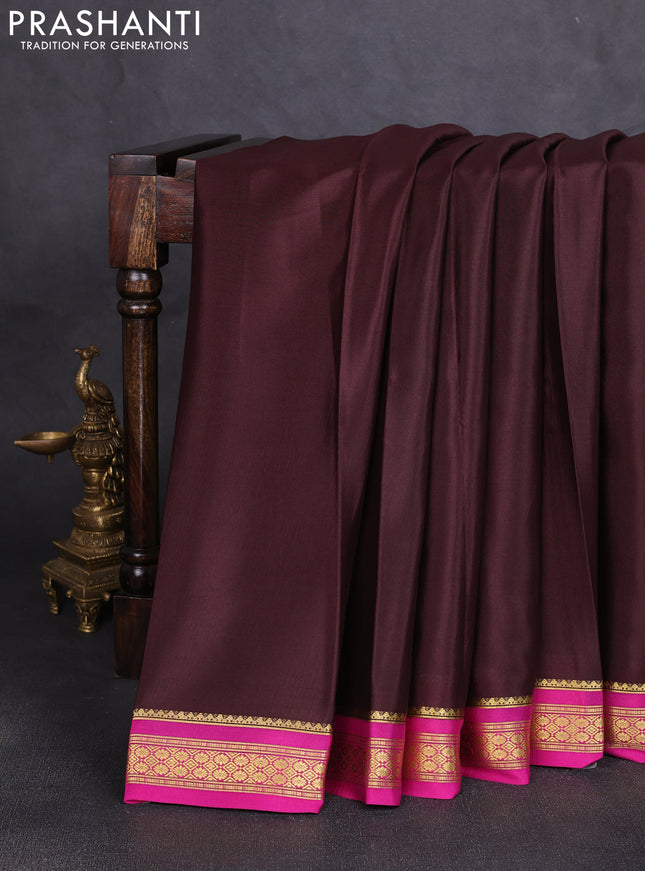 Pure mysore silk saree coffee brown and pink with plain body and zari woven border