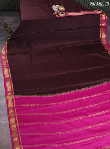 Pure mysore silk saree coffee brown and pink with plain body and zari woven border