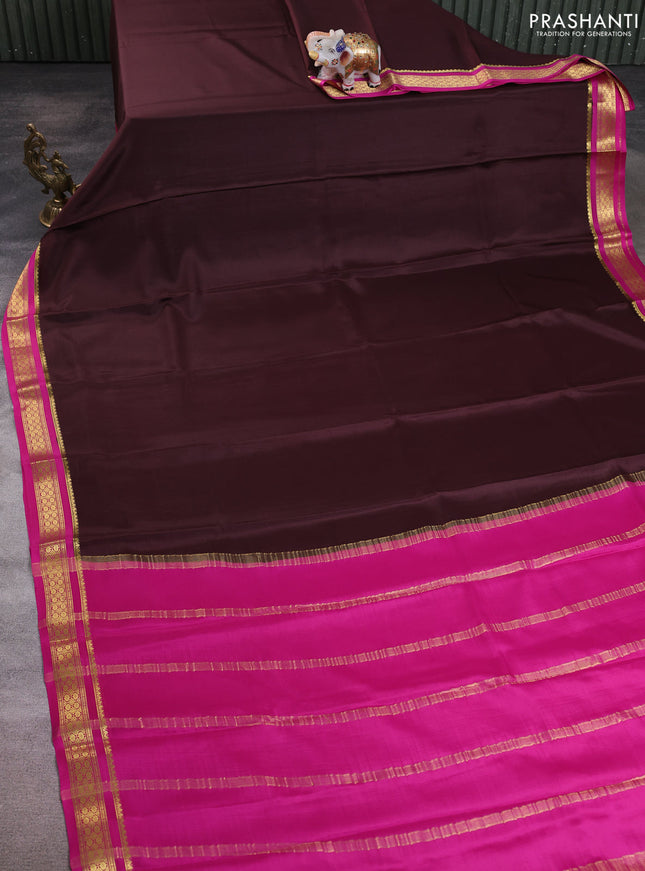 Pure mysore silk saree coffee brown and pink with plain body and zari woven border