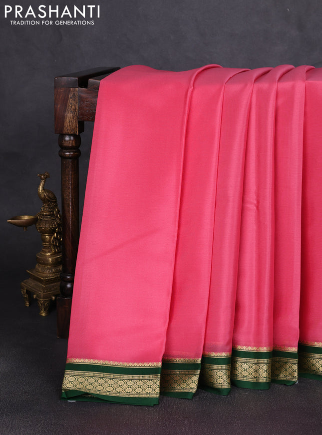 Pure mysore silk saree peach pink and green with plain body and zari woven border