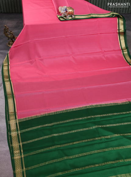 Pure mysore silk saree peach pink and green with plain body and zari woven border