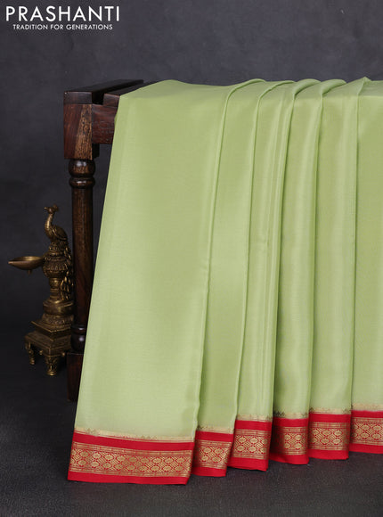 Pure mysore silk saree pista green and red with plain body and zari woven border