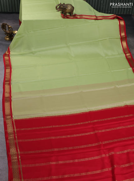 Pure mysore silk saree pista green and red with plain body and zari woven border