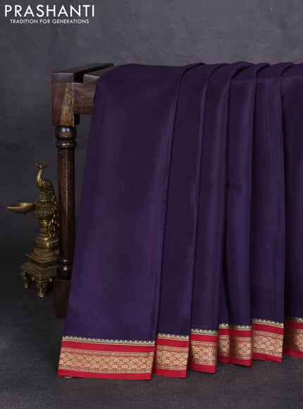 Pure mysore silk saree deep violet and maroon with plain body and zari woven border