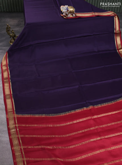 Pure mysore silk saree deep violet and maroon with plain body and zari woven border