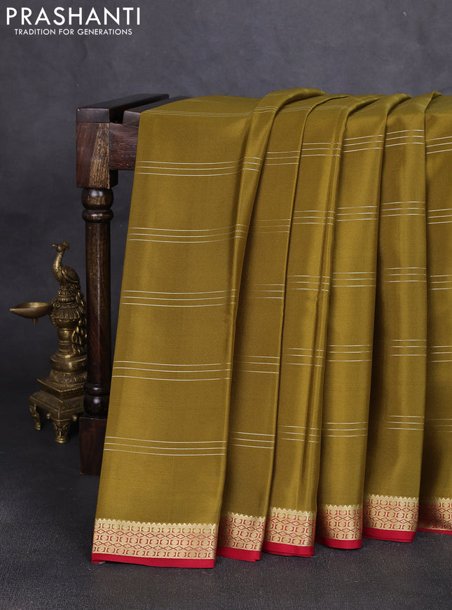Pure mysore silk saree mehendi green and maroon with zari weaves and zari woven border