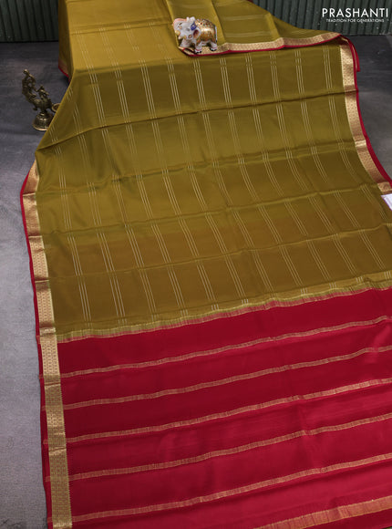 Pure mysore silk saree mehendi green and maroon with zari weaves and zari woven border