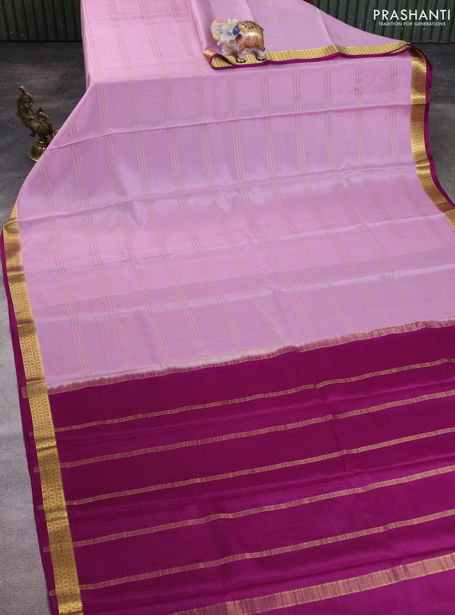 Pure mysore silk saree lotus pink and purple with allover zari stripe pattern and zari woven border
