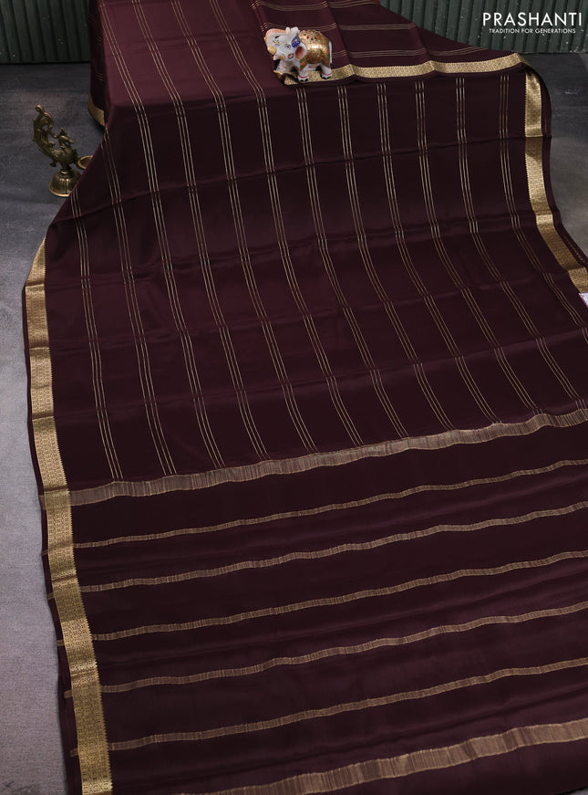 Pure mysore silk saree coffee brown with allover zari stripe pattern and zari woven border