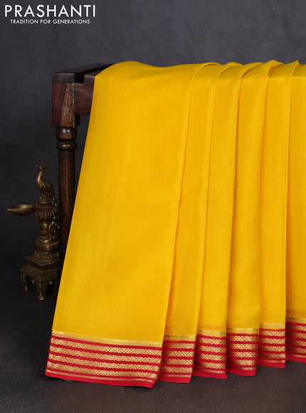 Pure mysore silk saree yellow and red with plain body and zari woven border