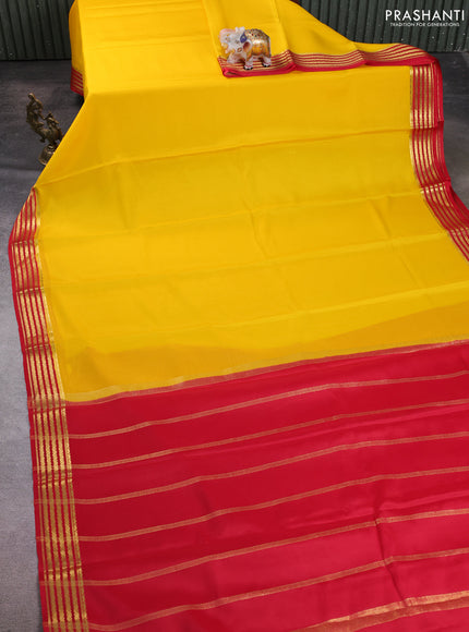Pure mysore silk saree yellow and red with plain body and zari woven border