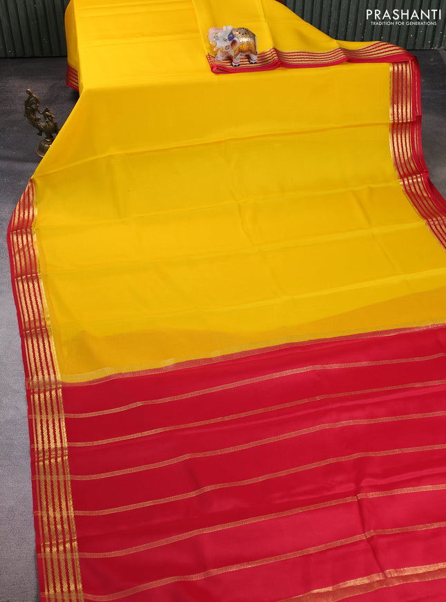 Pure mysore silk saree yellow and red with plain body and zari woven border