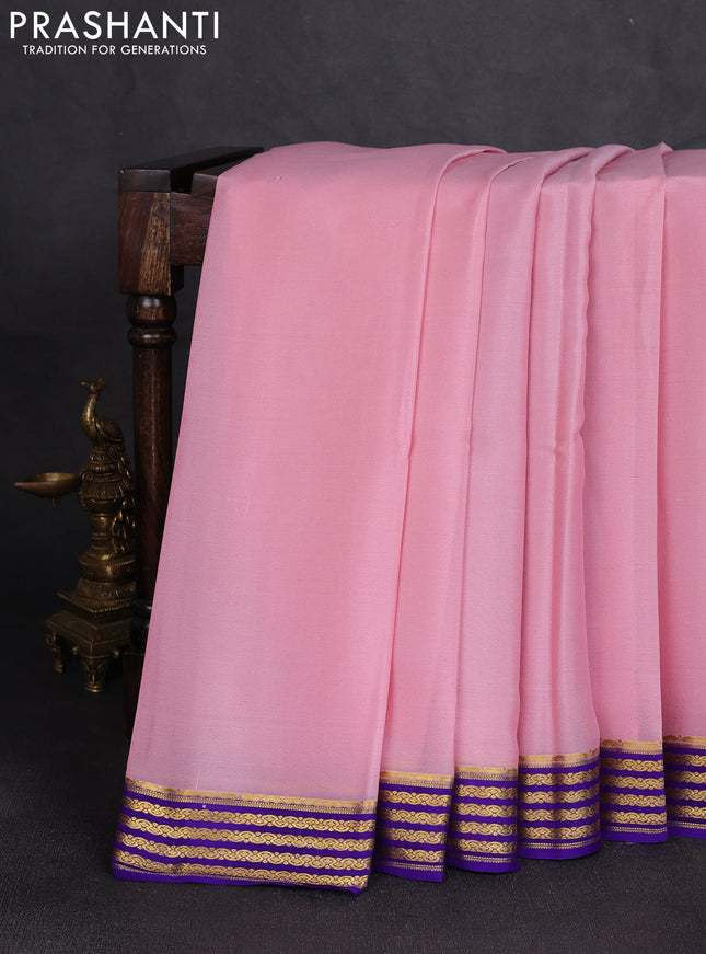 Pure mysore silk saree pastel pink and violet with plain body and zari woven border