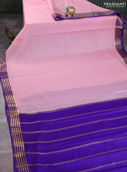 Pure mysore silk saree pastel pink and violet with plain body and zari woven border