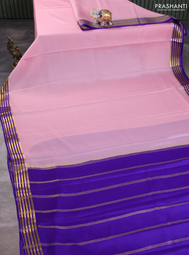 Pure mysore silk saree pastel pink and violet with plain body and zari woven border